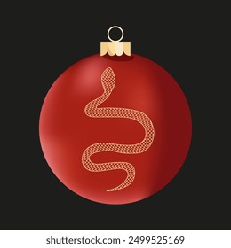 Diseño de Plantilla de bola de Navidad 3D aislado fondo negro. Bola de Navidad con Serpiente. Decoración asiática del año nuevo. La Ilustración vectorial puede utilizar el diseño de la cubierta de la tarjeta de Anuncio del cartel. EPS 10