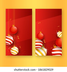 3D Christmas Balls With Golden Confetti Decorated Red Background In Two Options.