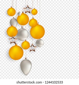 3d Christmas balls for holiday new year design on transparent background. Vector illustration. EPS10
