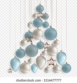 3d Christmas balls for holiday new year design on transparent background. Vector illustration. EPS10