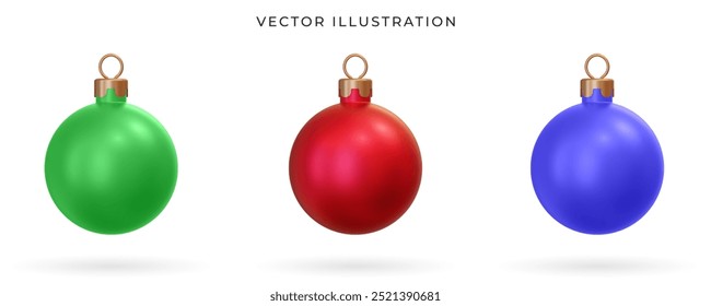 3d Christmas balls set. Vector illustration. Realistic christmas ball collection. Green, red and blue xmas decoration for New year celebration