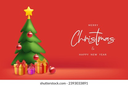 3D Christmas banner with a festive pine tree, presents, and decorations. Happy holiday illustration in a realistic design. Perfect for cards, covers, and flyers. Not AI generated.