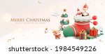 3d Christmas banner with snowman and Santa Claus in a stocking with Xmas festive ornaments on a snowy white background