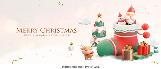 3d Christmas banner with snowman and Santa Claus in a stocking with Xmas festive ornaments on a snowy white background