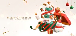 3d Christmas Banner. A Xmas Tree In Gift Box With Ornaments Around The White Background