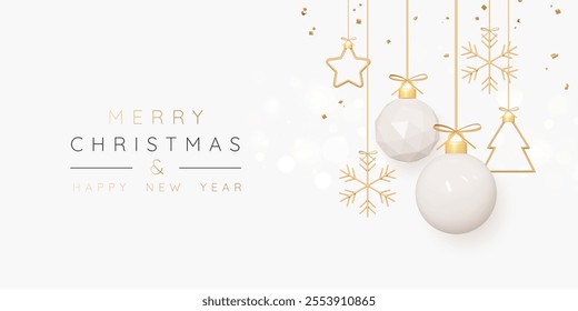 3D Christmas Beige balls hang on gold ribbon with snowflakes and falling confetti decoration. New Year background with xmas beige baubles. Celebration banner or getting card. 3D Vector illustration