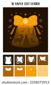 3D Christmas Bell shadow box. Vector layered tunnel card with deer and trees. Template for paper cutting. Christmas light box. Multilayer paper cut design for plotter.