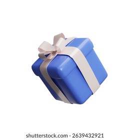 3d Christmas blue present side view. Vector illustration of realistic surprise with ribbon. Wrapped prize for party, event, birthday. Rendering gift to shopping sale. Trendy package with bow