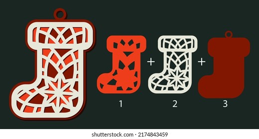 3D Christmas boot. Layered Christmas decoration. Paper craft