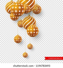 3d Christmas brown balls with geometric pattern. Decorative elements for holiday new year design. Isolated on transparent background. Vector illustration.