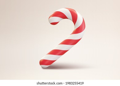 3d Christmas candy cane. Realistic illustration of walking stick dessert with red and white stripes