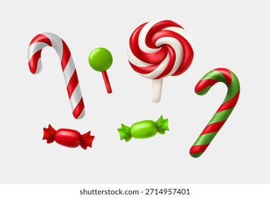 3D Christmas candy. Red and green christmas candy illustration set