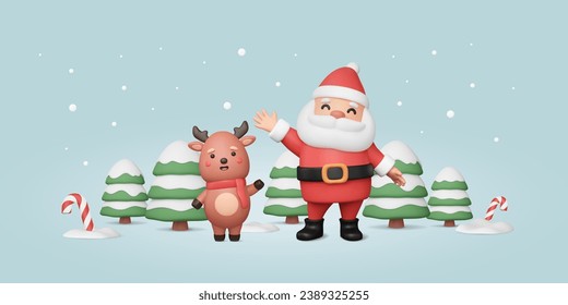 3D Christmas characters. Cute Santa Claus waving his hand, reindeer render, trees with snow, candy cane in snowdrift. New Year winter banner. Vector three dimensional illustration in plastic style.