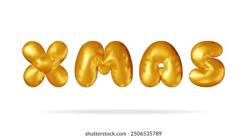 3D Christmas colorful text in gold bright balloon xmas word. Render spruce, x mas text. Greeting card, festive poster, party invitations. New year. Vector illustration