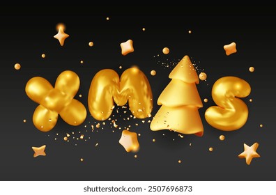 3D Christmas colorful text in gold bright balloon xmas word. Render spruce tree, x mas text. Greeting card, festive poster, party invitations. New year. Vector illustration