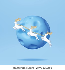 3D Christmas Cute Jumping Deers with Antlers near Moon. Render Herd of Reindeers and Door. Happy New Year Decoration. Merry Christmas Holiday. New Year Xmas Celebration. Realistic Vector Illustration