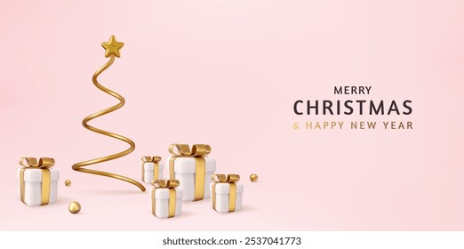 3d christmas design, golden metallic cone spiral tree with gift boxes. Christmas and New Year background. 3d rendering. Vector illustration