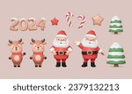 3d Christmas elements set. Cute Santa Claus, deer in various pose, man waving hand, green snow cover tree, stars, candy cane and 2024 number render. Vector illustration, cartoon New Year collection