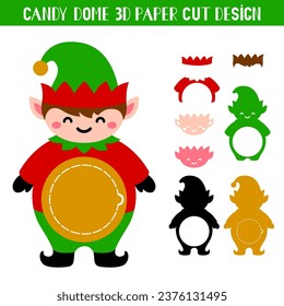 3D Christmas Elf candy dome holder. Santa Claus Helper. Paper cut template. Vector illustration. Cute holiday symbol. Winter decoration. 3D layered Christmas ornament for sweets.