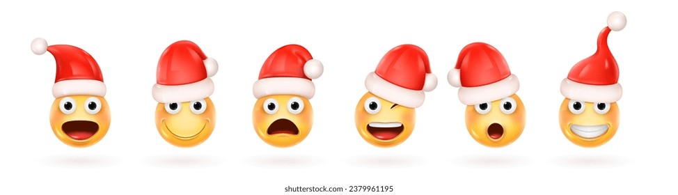 3d christmas emoticons. Xmas emojis, smiling emoticon faces in santa claus cap, yellow crazy smiles facial feelings, winter holiday character expression decent vector illustration of christmas smile