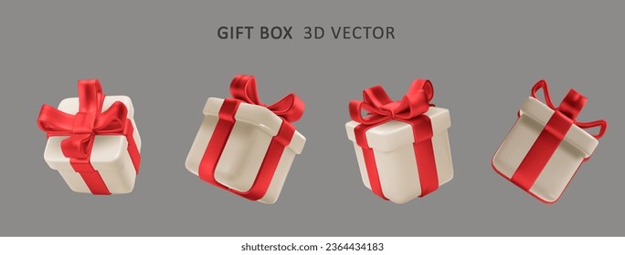 3d Christmas gift boxes with red bows isolated. Realistic vector modern holiday surprise box. Vector icon for present, birthday or wedding banners.