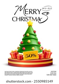 3d Christmas gift voucher with pine tree, gift boxes around and golden coupon on stage, isolated on white background. Christmas coupon code icon in 3d vector