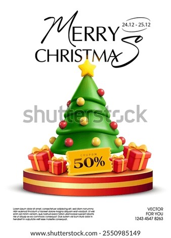 3d Christmas gift voucher with pine tree, gift boxes around and golden coupon on stage, isolated on white background. Christmas coupon code icon in 3d vector