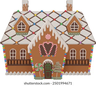 3d Weihnachten Lebkuchen Haus Vorderansicht. Weihnachtshaus mit Keksen und Bonbons