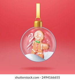 3D Christmas Glass Ball with Snow Gingerbread Man Isolated. Render Sphere Ball with Gingerbread Man. New Year Decoration. Merry Christmas Holiday. Xmas Celebration. Realistic Vector Illustration