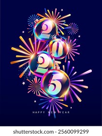 3D Christmas glass balls with colorful firework. New year decoration on blue background with calendar date. Festive holiday illustration.