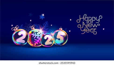 3D Christmas glass balls with numbers inside. New year decoration on blue background with calendar date. Festive holiday illustration.