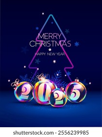 3D Christmas glass balls with numbers inside. New year decoration on blue background with calendar date and tree. Festive holiday illustration.