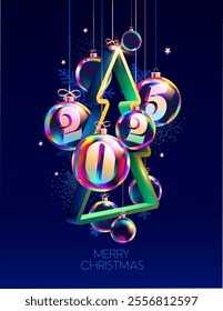 3D Christmas glass balls with numbers inside. New year decoration with christmas tree and calendar date. Festive holiday illustration.