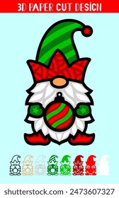 3D Christmas Gnome with ball. Vector illustration. Decorative holiday toy. For cutting from wood, paper, vinyl or sublimation. 3D layered paper cut designs.