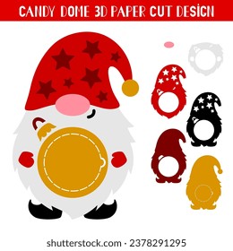 3D Christmas Gnome candy dome holder. Paper cut template. Vector illustration. Cute holiday symbol. Winter decoration. 3D layered Christmas ornament for sweets.