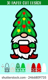 3D Christmas Gnome with Santa Sock. Vector illustration. Decorative holiday toy. For cutting from wood, paper, vinyl or sublimation. 3D layered paper cut designs.