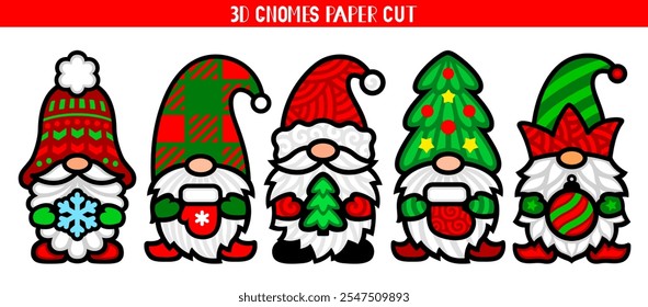 3D Christmas Gnomes set. Decorative holiday toys. For cutting from wood, paper, vinyl or sublimation. 3D layered paper cut designs. Vector illustrations.