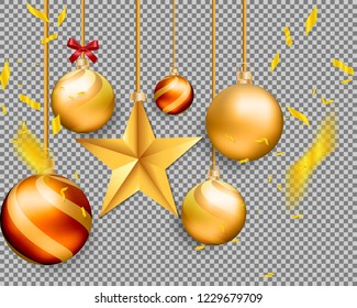 3d Christmas gold balls,Star decoration and Confetti on transparent background.