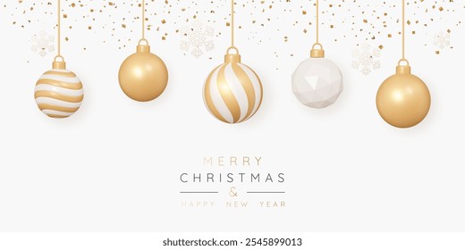 Navidades 3D bolas de oro cuelgan en la cinta de oro con copos de nieve y la caída de la decoración de confeti. Fondo de año Nuevo con adornos de rayas de Navidad. Anuncio de celebración o tarjeta de obtención. Ilustración vectorial 3D