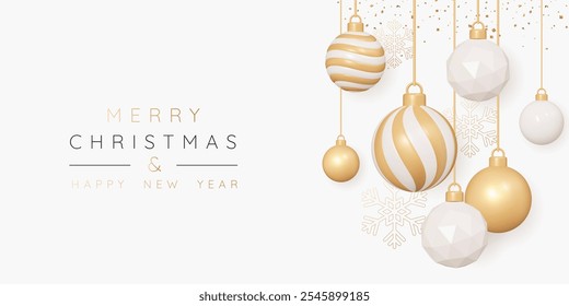 3D Christmas golden balls hang on gold ribbon with snowflakes and falling confetti decoration. New Year background with xmas striped baubles. Celebration banner or getting card. 3D Vector illustration