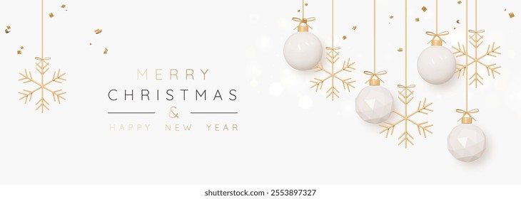 3D Christmas golden balls hang on gold ribbon with snowflakes and falling confetti decoration. New Year background with xmas beige baubles. Celebration banner or getting card. 3D Vector illustration