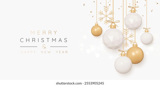 3D Christmas golden balls hang on gold ribbon with snowflakes and falling confetti decoration. New Year background with xmas beige baubles. Celebration banner or getting card. 3D Vector illustration