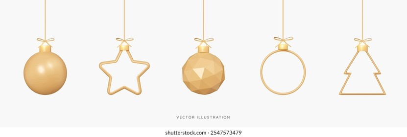 Navidades 3D bolas de decoración de oro colgando en la cinta. Conjunto de iconos de adornos de Navidad. Juguetes brillantes. Adornos del año Nuevo para el árbol de pino. Elementos de diseño de dibujos animados de Festiva para tarjeta de felicitación. Ilustración vectorial 3D