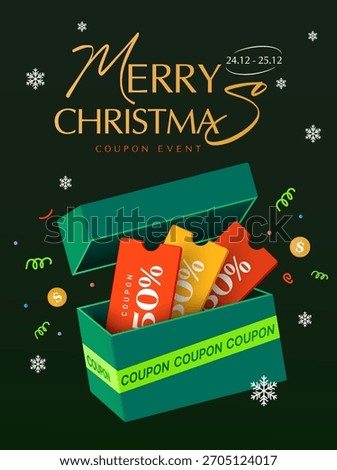 3d Christmas green gift box filled with colorful 50% discount vouchers, surrounded by snowflakes, confetti, and celebratory holiday elements