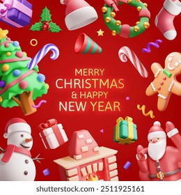 3D Christmas greeting card background. Render gift boxes, candycane, holly, sock, hat, gingerbread man, ball fur branches, santa, snowman. Wishes presents xmas new year eve. Vector illustration