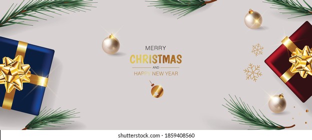 3D Christmas and happy season greeting background. Gold, blue, red, white colors. Gift tags with gold glitter texture. Snowflakes and Christmas tree patterns.