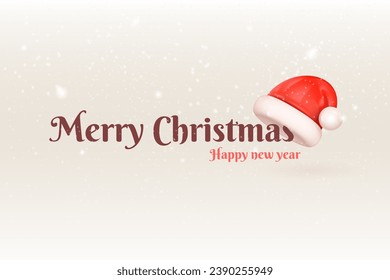 3d christmas hat banner. Santa claus red cap render merry xmas and happy new year celebration winter background with snow flakes, minimal text decor realistic vector illustration of banner cap hat
