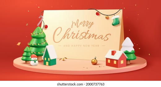 3d Christmas holiday banner with Merry Christmas card, Christmas tree, snowman and little village on round stage.