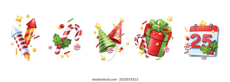 3D Christmas icon set, vector New Year firecracker, party paper cone hat, present box, calendar page. Winter holiday decoration object, traditional candy cane, surprise gift confetti. 3D Christmas kit