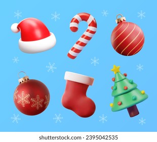 3d Christmas icons set. Christmas 3d vector objects collection. Christmas tree, Santa hat, christmas ornament ball, candy cane, stocking. Decoration elements for greeting cards and banners.